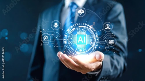 A human hand holds a glowing digital AI icon, symbolizing convenience, or global technological connection.