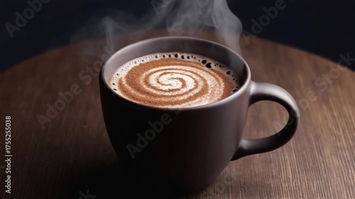A black cup full of hot coffee with latte art foam on the steaming surface, a warm drink while taking a break.