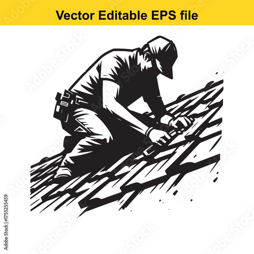 Vector art of roofer working on a roof with a drill, vector illustration