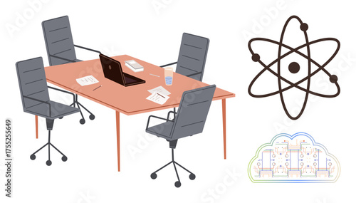 Office desk setup with chairs, laptop, documents, and water glass. Atomic structure and digital circuit board icons hint at innovation, collaboration, and scientific research. Ideal for teamwork