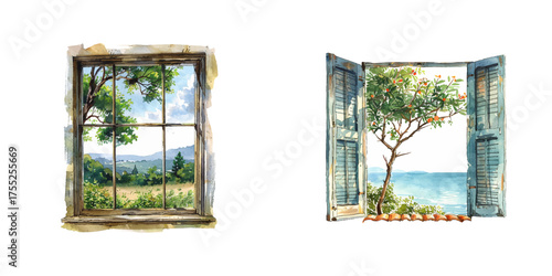 window with nature view watercolor vector illustration