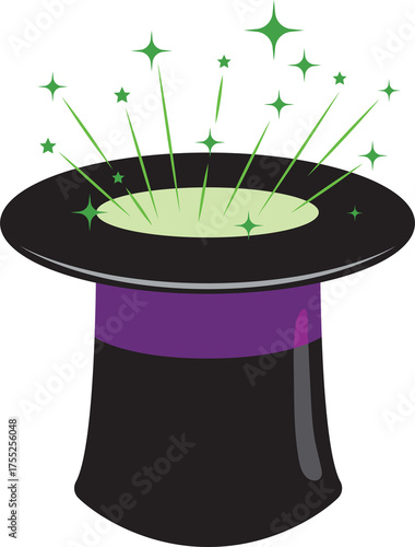 Black magician hat with purple ribbon releasing green sparkles and magical light from the top against a transparent background symbolizing fantasy and illusion