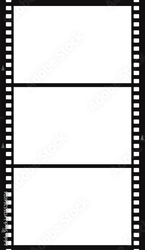Blank Film Strip with Three Empty Rectangular Frames and Perforated Edges on Transparent Background Representing Cinema and Photography Concept