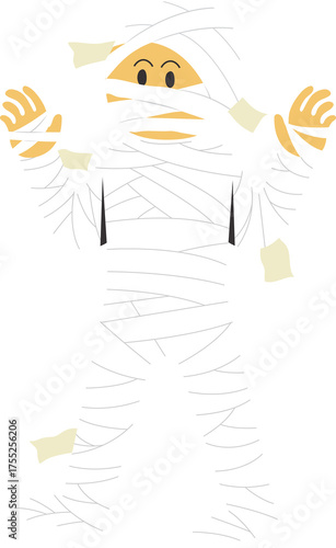 Cartoon Mummy Character Wrapped in White Bandages With Open Arms and Smiling Face On Transparent Background