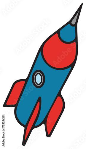 Cartoon Rocket Ship With Red Fins and Blue Body and Red Top Section Flying Upward on a Transparent Background