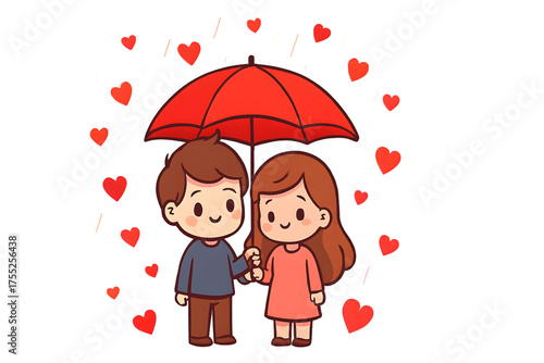 Cute Cartoon Couple Under Red Umbrella – Adorable Valentine Illustration PNG