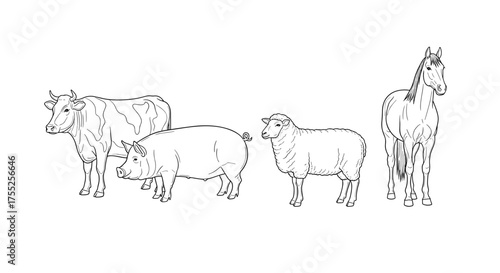 Illustration of farm animals, including a cow, pig, sheep, and horse
