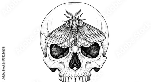 Illustration of a skull with a moth on top