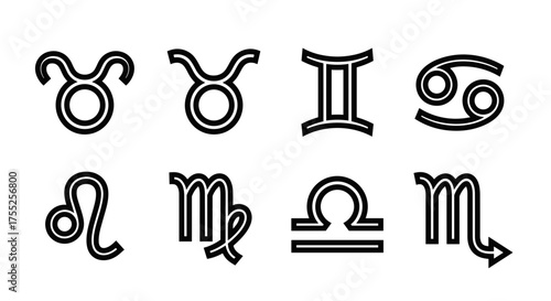 Vector art of various zodiac signs in black and white, astrology concept