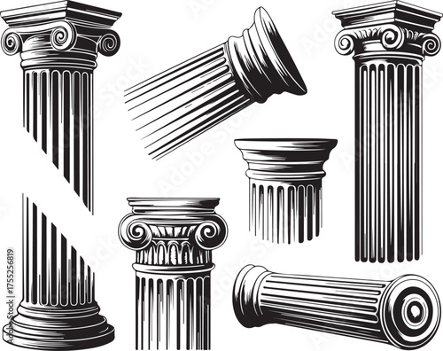 Classic Black and White Illustration of Architectural Columns in Various Styles