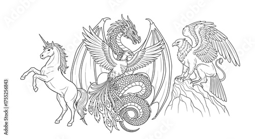 Vector art of unicorn, phoenix, and griffin line art, a mythical trio