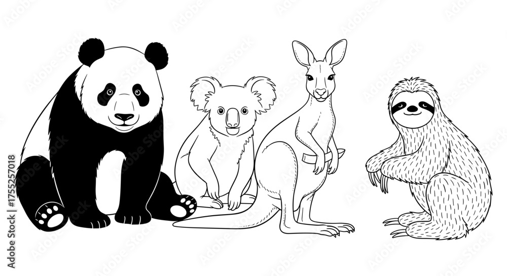 Obraz premium Illustration of a panda, koala, kangaroo, and sloth