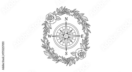 Vector art of compass rose with floral wreath, symbolizing direction