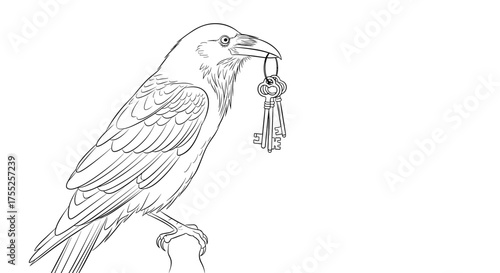 Vector art of a captivating raven perches gracefully, clutching a set of keys in its beak
