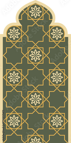Intricate Islamic Geometric Pattern Window Arch With Star Motifs In Gold And Dark Green With Light Yellow Border