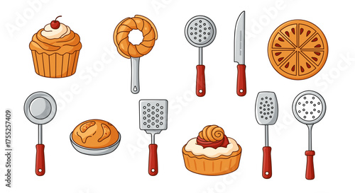 Vector art of collection of kitchen utensils and baked goods, perfect for cooking