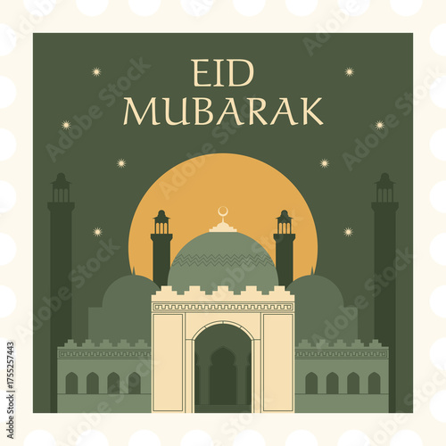Islamic Eid Mubarak greeting card featuring a mosque illustration at sunset with a crescent moon and stars on a dark green background with beige polka dot border
