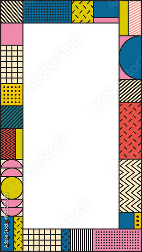 Memphis Style Frame Border With Retro Geometric Shapes In Pink Yellow Blue Black White Colors And Transparent Background
