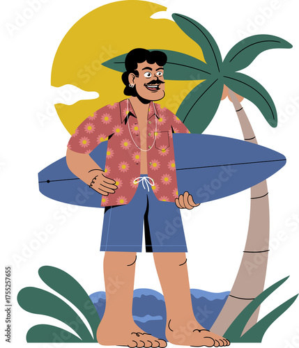 Man In Hawaiian Shirt And Blue Shorts Holding A Surfboard With Palm Tree And Sun In The Background On A Transparent Layer
