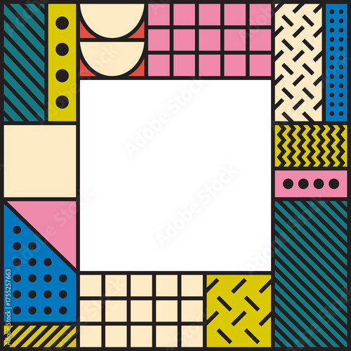 Memphis style geometric frame with abstract patterns in pink yellow blue and black on transparent background vivid colorful design element