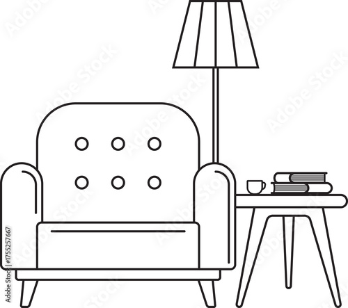 Minimalist Line Art Illustration of A Cozy Armchair Beside A Small Table With Books and Lamp Against A Transparent Background