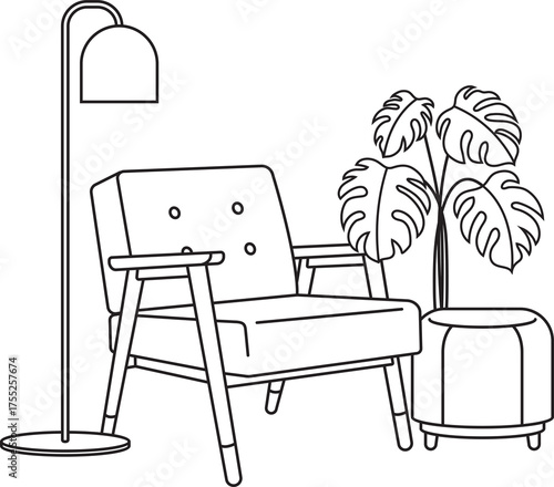 Minimalist Line Art Drawing of an Armchair Beside a Floor Lamp and a Potted Plant on a Transparent Background