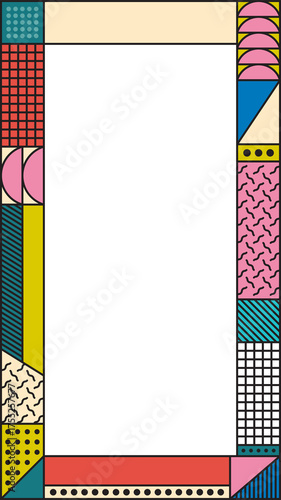 Memphis Style Geometric Frame with Abstract Patterns and Pastel Colors Against White Background
