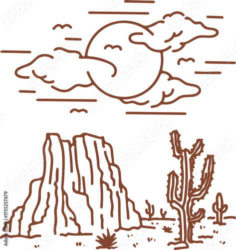 Minimalist desert landscape line art featuring a large sun partially obscured by clouds above a rocky mesa and a saguaro cactus under a clear blue sky with scattered birds in flight