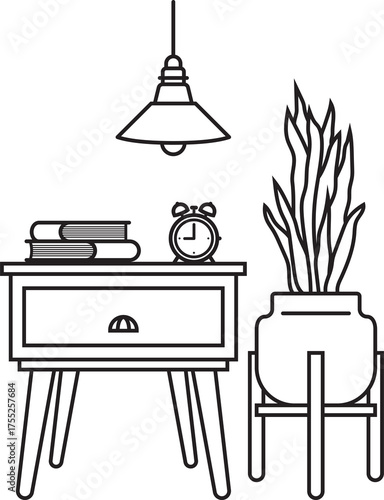 Minimalist Line Art Interior Scene Featuring a Nightstand with Books and an Alarm Clock Next to a Potted Plant Under a Pendant Lamp