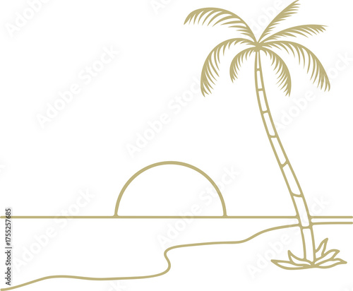 Minimalist gold line art of a palm tree on a tropical beach with a setting sun over the ocean horizon and calm water