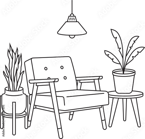 Minimalist Line Art Interior Scene With Armchair Potted Plants and Hanging Lamp on Transparent Background