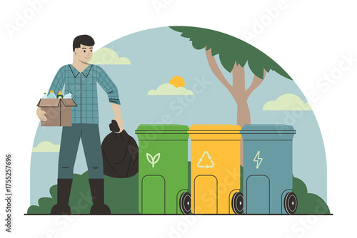 Man Sorting Recyclables Into Colored Bins Outdoors With Tree and Sun In The Background Green Blue Yellow And Orange Bins With Symbols For Different Waste Types
