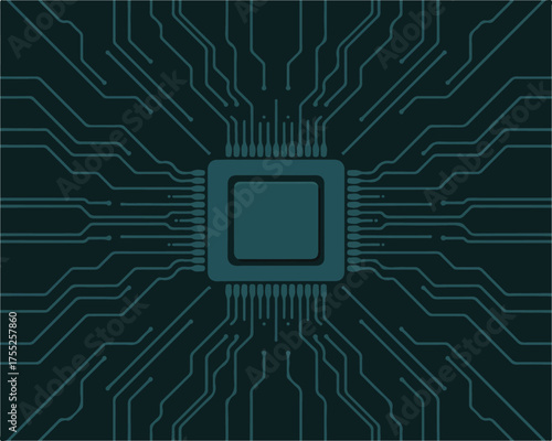 Abstract Digital Circuit Board with Microprocessor and Connections in Dark Theme for Tech and Innovation Design