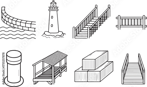 Dock, Pier, and Lighthouse Icons in Line Art Style for Coastal, Maritime, and Transportation Projects
