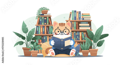A cartoon cat wearing glasses sits reading a book in front of bookshelves surrounded by potted plants.
