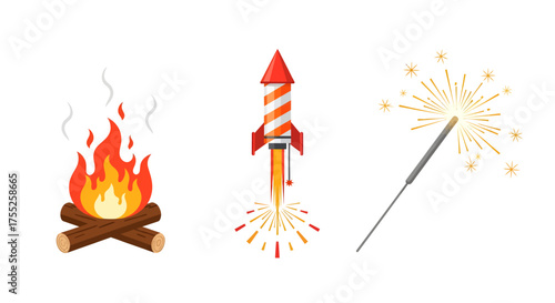 Illustration of a campfire, a rocket launching, and a sparkler with bright sparks.