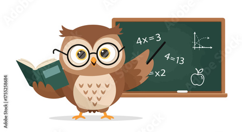 Cartoon owl wearing glasses holds a book and points to math equations on a chalkboard, symbolizing education.
