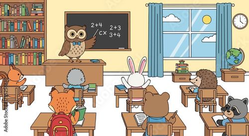 Cartoon classroom scene with animal students and an owl teacher pointing at a math problem on the chalkboard.
