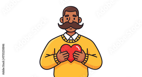 Man with mustache holding a red heart in his hands, wearing a yellow sweater.