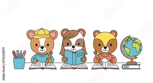Three cartoon bear cubs are sitting at desks, reading books and studying with pencils, a globe, and a pencil holder.