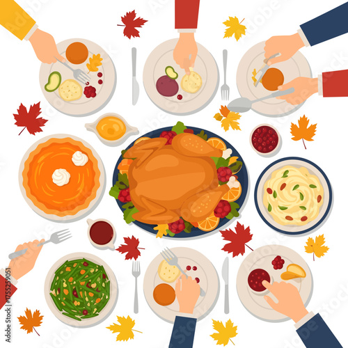 A top-down view of a Thanksgiving dinner table with a roasted turkey, pumpkin pie, and various side dishes, surrounded by people's hands reaching for food.