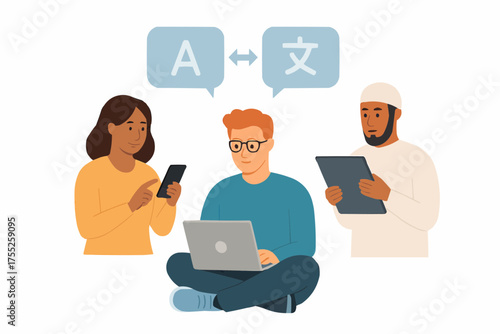 People Accessing Digital Information in Multiple Languages with Translation Icons Vector