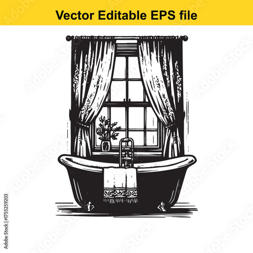 Vector art of vintage bathtub with a towel and a plant next to a window with curtains, interior scene