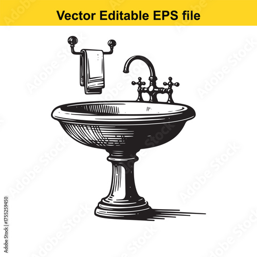 Vector art of vintage pedestal sink with ornate faucet and towel rack