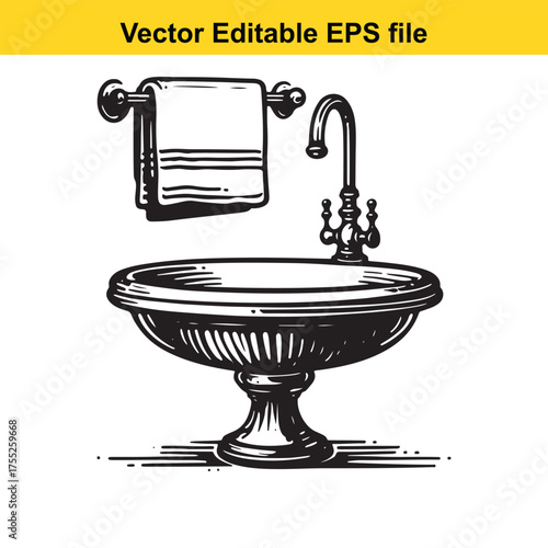 Vector art of antique basin with a faucet and towel on a rack