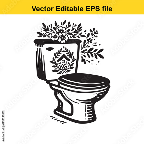 Vector art of decorative toilet with floral ornament and leaves