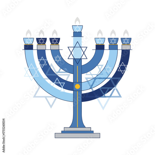A stylized illustration of a blue menorah with Star of David symbols and lit candles.