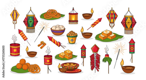 Festive Diwali illustration with lanterns, sweets, firecrackers, and diyas arranged on a white background.