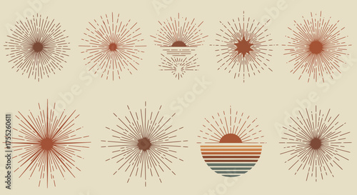 Boho sunburst and sunrise illustrations in retro style, warm beige background