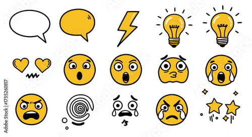 Variety of doodle-style emoji icons expressing diverse emotions and concepts